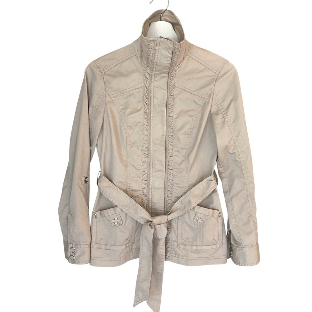 WHBM Jacket Lightweight Utility Belted Ruffles Zip Up Long Sleeve Biege Women 0